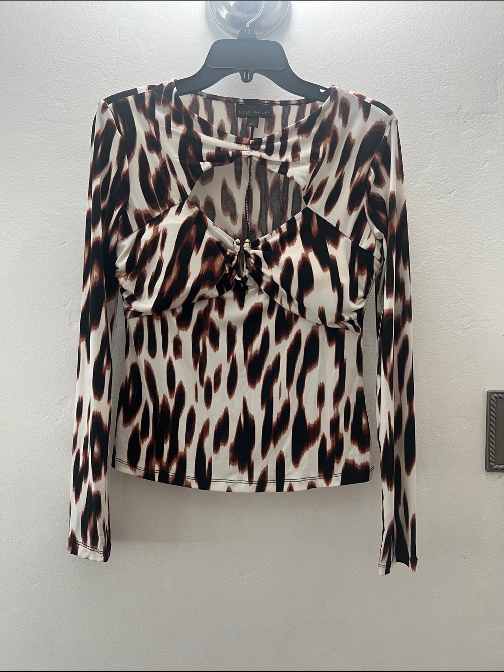 Faux-Wrap Leopard Print Long Sleeve Top - Brown/Black